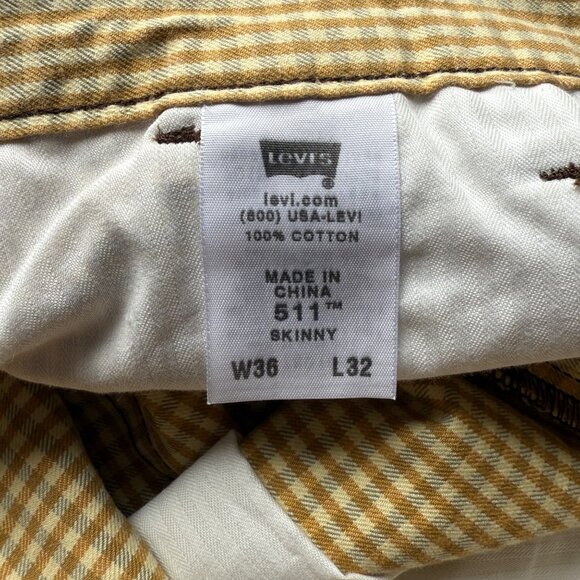 Levis 511 Y2K Skinny Mens Pants W36 L32 Gingham Yellow Cotton - Picture 7 of 8